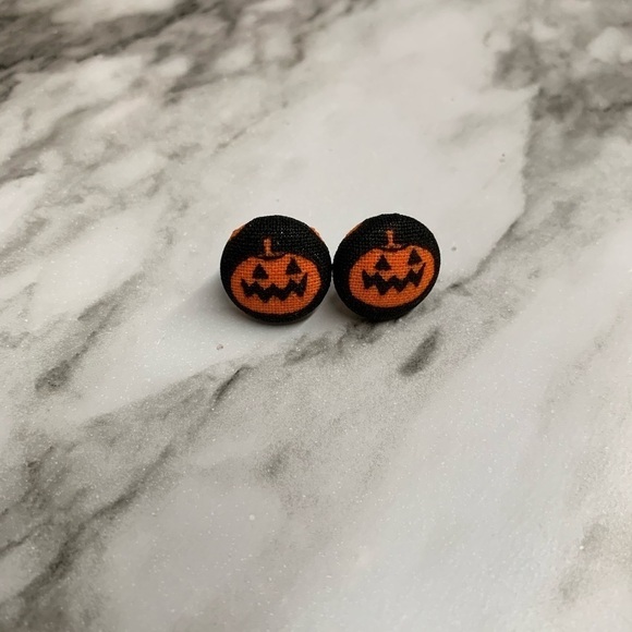 Pumpkin Halloween Fabric Button Earrings, Handmade - Picture 5 of 5